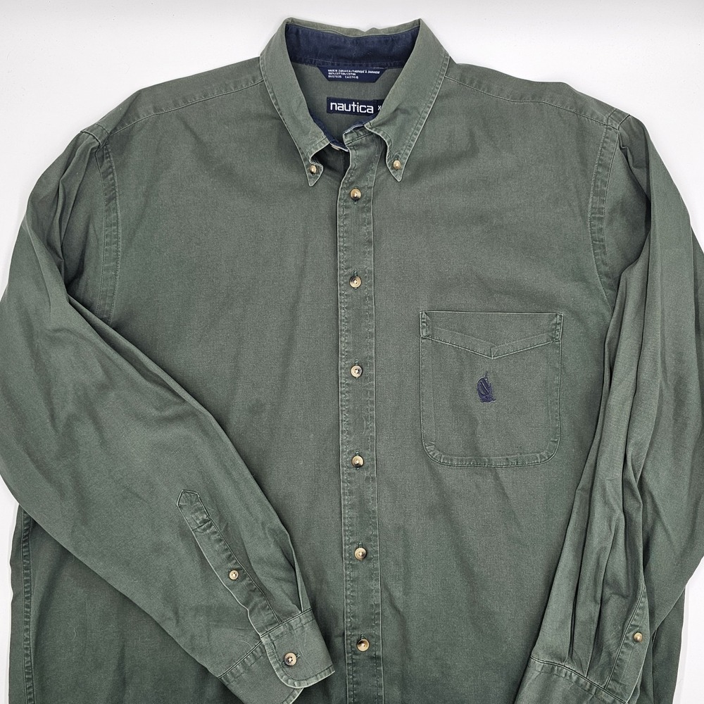 Nautica Men's Button-Down Shirt‎ XL Green 100% Cotton Made in Jamaica